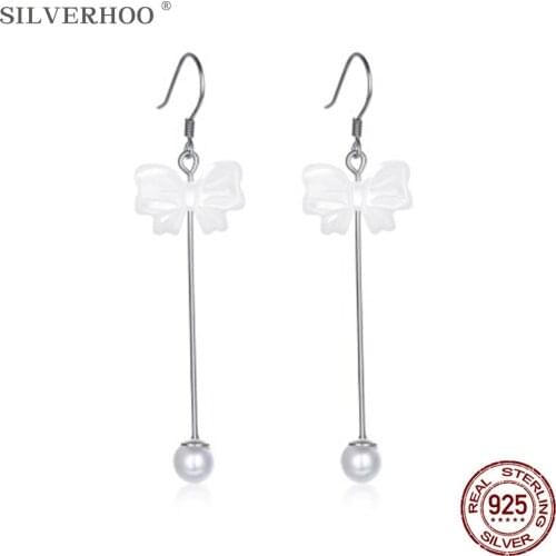 SILVERHOO 925 Sterling Silver Long Tassel Shell Pearl Earrings For Women White Bowknot Drop Earring Elegant Party Jewelry Gift