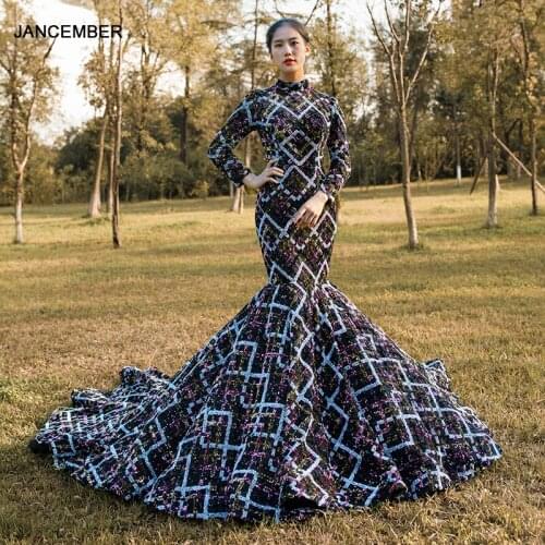 J67018 jancember sexy black mermaid evening gown with lace high chapel train pattern long evening dresses 2020 платье русалка
