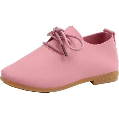 Girls Leather Loafers PU Leather Waterproof Lace Up Children Shoes Solid Color White Flat Heel Moccasins Soft Kids Shoes