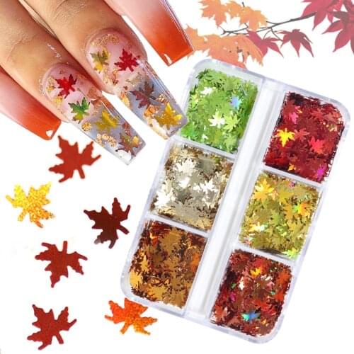 6Grids Nail Art Slices Sequins Holographic Maple Leaf Shaped Glitter Paillette Flakes UV Gel Nail Stickers Holo Manicure Tips
