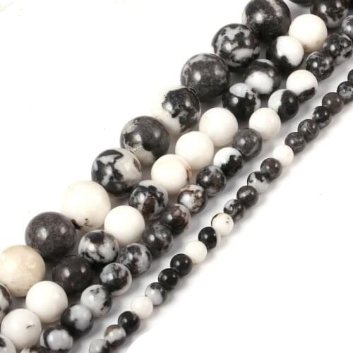 Natural Stone Black and White Zebra Jaspers Round Loose Spacer Beads For Jewelry Making 15" Strand 4 6 8 10 12MM Pick Size