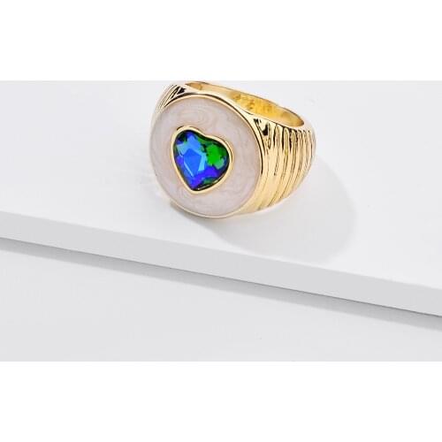 New Design Colorful Crystal Heart Enamel Rings for Women Trendy Chunky Croissant Gold Ring Lover Couple Engagement Jewelry