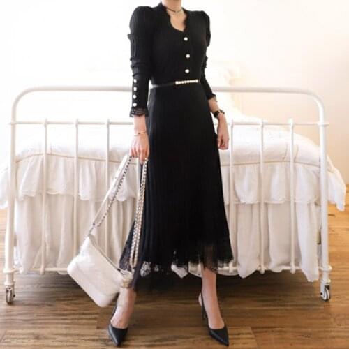 New arrival fashion korean style black knitting lace set for women spring autumn elegant temperament simple two piece skirt set