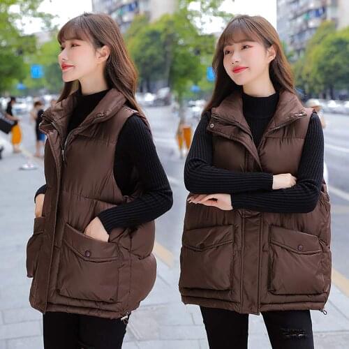 Autumn Stand Collar Cotton Padded Vest Womens Coat Winter 2022 Loose Thick Sleeveless Waistcoat women Glossy Jacket