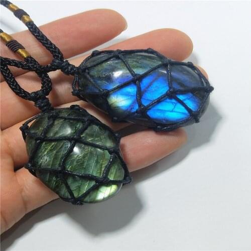 Natural Labradorite Necklace Irregular Stone Pendant Wrap Braid Necklace Energy Necklace Jewelry Gift For Men Women