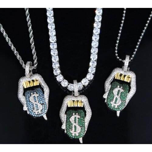 Hip hop Men boy hip hop lip pendant necklace with gold color money tongue charm with 5mm cz tennis chain rope chain necklace