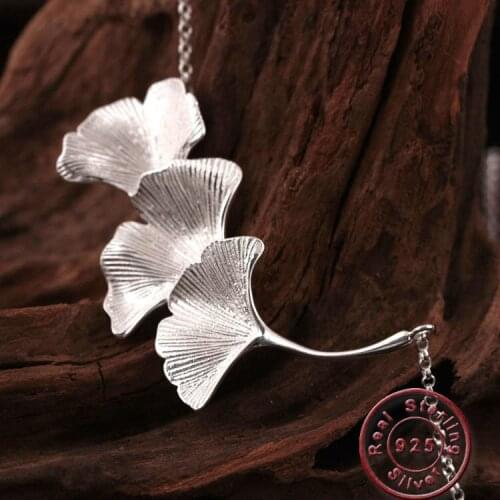 Amxiu 100% 925 Sterling Silver Ginkgo Biloba Necklace Handmade Leaves Pendant Necklace for Women Girls Accessories Daily Jewelry