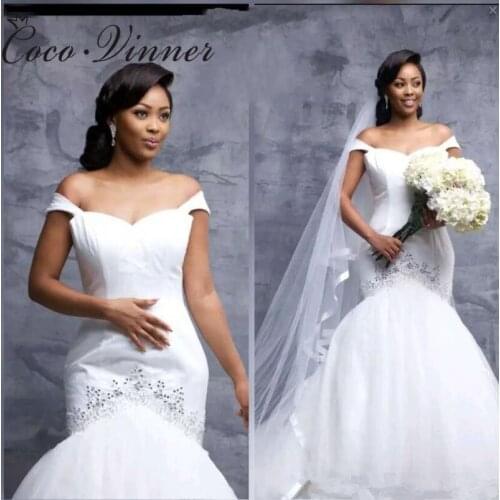 Simple Elegant Satin Wedding Dress Mermaid Style Africa New Cap Sleeve Tulle train Pluse Size Mermaid Wedding Dresses W0606