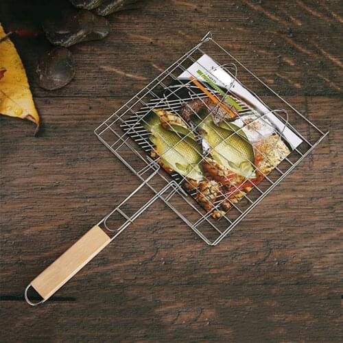 Stainless Steel BBQ Grill Net with Chrome Plated and Hardwood Handle Fish Meat Grill Barbecue Clip Clamp Folder Net
