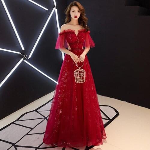Wine Red Evening Dress for Off the Shoulder Sequined Toast Elegant Birthday Party Prom Dress Bride Wedding Dress Looks Thin A088