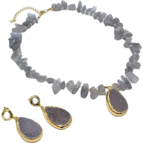 GuaiGuai Jewelry Natural Rough Labradorite Nugget Real Gray Quartz Pendant Necklace White Pearl Earrings Sets Handmade For Women