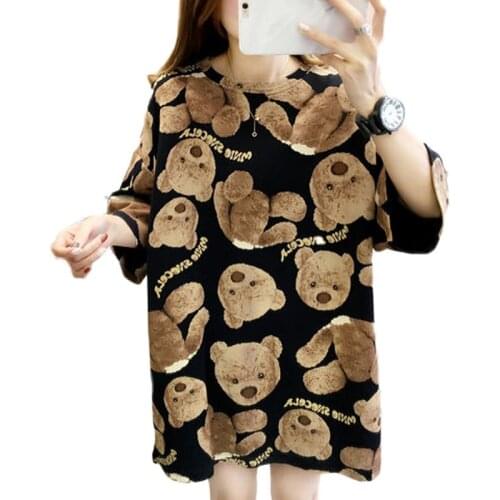 New Summer Women Tshirt Brown Bear Loose O-Neck Casual Long Korean Plus Size Streetwear Graphic Tees Women Harajuku Shirt