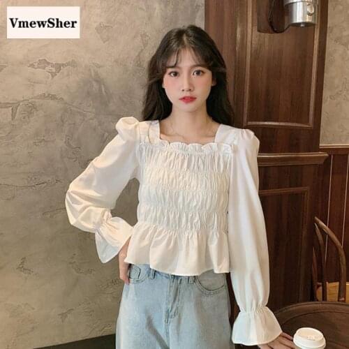 VmewSher New Fashion Spring Ruffles Women Short Blouse Square Neck Long Sleeve Highr Waist Solid Shirt Elastic Bust Crop Tops