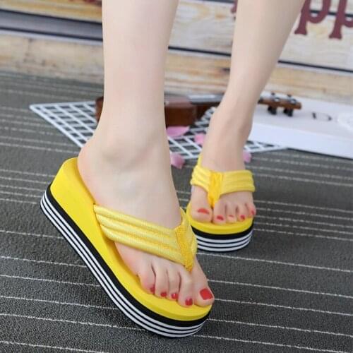 New Summer Women Flip flops Fashion Slope and Thick Sand Beach Slippers Candy Color Wedges Platform Outdoor Slippers