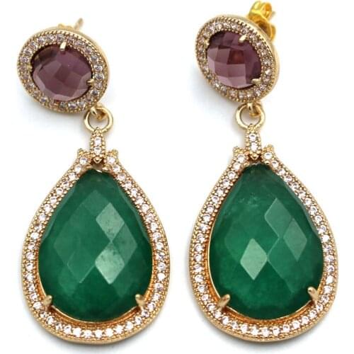 6pairs Natural Stone Stud Earring CZ Paved Green Jade Labradorite Stone Dangle Drop Earrings for Women Lady Fashion Jewelry Gift