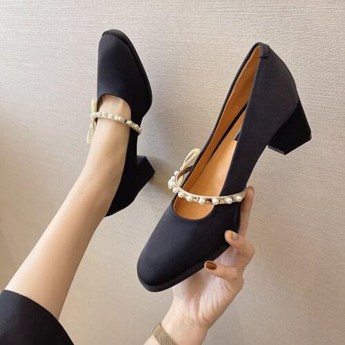 2021Pearl Womens Heeled Shoes Fashion Comfortable Square Heel Spring Sweet Elegant Wild Square Toe Zapatos Muje Mary Jane Shoes