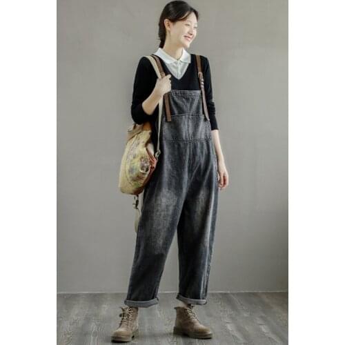 Women Loose Denim Jumpsuits Ladies Vintage Bleached Overalls Female 2020 Summer Autumn Denim Rompers