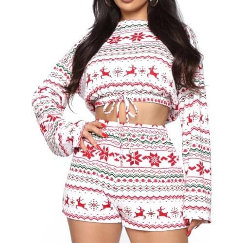 Women Christmas Clothes Sets 2020 New Long Sleeve Crop Top Shorts 2Pcs Xmas Snowflake Print Round Neck Fall Leisure Wear