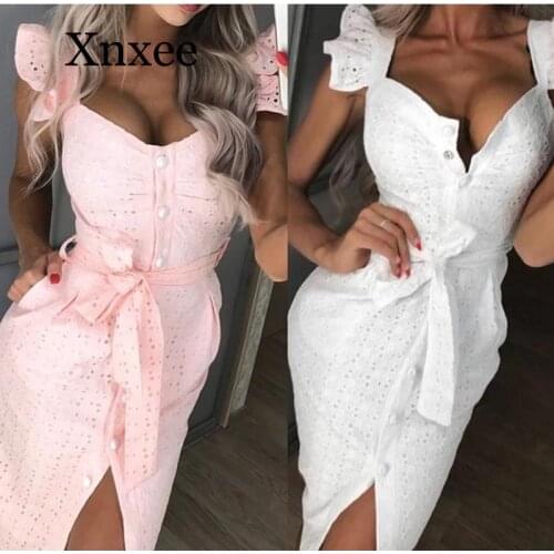 Women White Dress Lace Up Sexy Midi Vestidos Ruffles Sleeveless Bodycon Female Dresses 2020 Buttons Belt Elegant Ladies Clothes