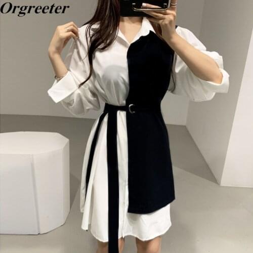 Autumn Retro Contrast Patchwork Slim Long Sleeve Lapel Shirts Dresses Women Sashes Fake Two Pieces Casual Dress Vestidos