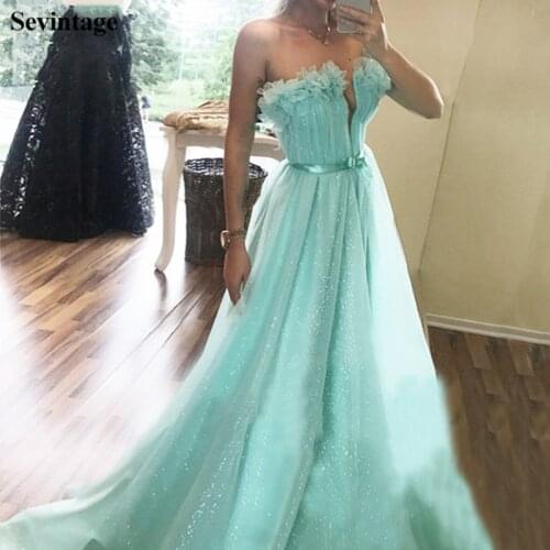Sevintage A-Line Strapless Glitter Tulle Long Prom Dresses Pleats Evening Gowns Plus Size Sashes Women Dress vestidos de novia