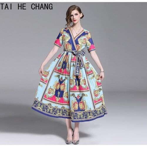 Women Dress Summer Spring Elegant Bodycon Vintage Party Runway Casual Print Short Sleeve Midi Pleated Office Work Dresses