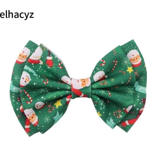 1PC New Christmas Pringitng 6'' Waffle Fabric Hair Bow With/Without Clip For Girls Popular Headwear Kids DIY Hair Accessories