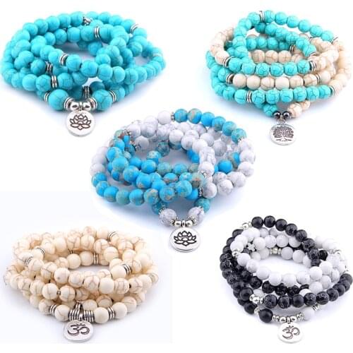 108 Beads Mala Bracelets Men White Black Blue Turquoises Long Bangles For Women Unisex Lotus OM Charm Yoga Bracelet Jewelry Gift