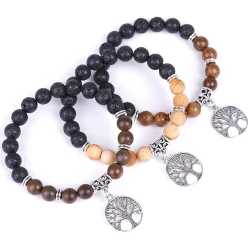 Tree of Life Charms 8mm Black Lava Stone Beads DIY Aromatherapy Essential Oil Diffuser Bracelet Yoga Strand Jewelry