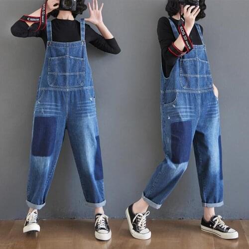 High Waist Print Denim Bib Women Thin Slim Korean Pants Look Thin Wide-leg Jeans Loose Overalls Jumpsuit Trousers Streetwear