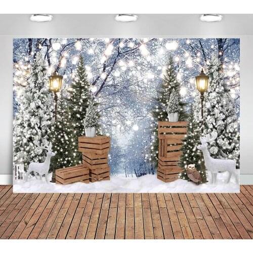 Winter Christmas Scene Photography Backdrop Xmas Pine Tree Snowflake Bokeh Glitter Forest Background Baby Kids Party Decorations