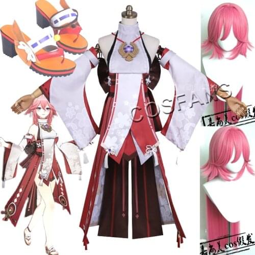 Genshin Impact Yae Game Suit Gorgeous Kimono Lovely Uniform Cosplay Costume Halloween Carnival Outfit For Women men and wig