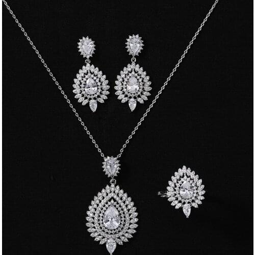 Jewelry Set HADIYANA Waterdrop Shapes Necklace Earrings And Ring Set For Women Wedding Or Fashion Party CN995 Conjunto de joyas