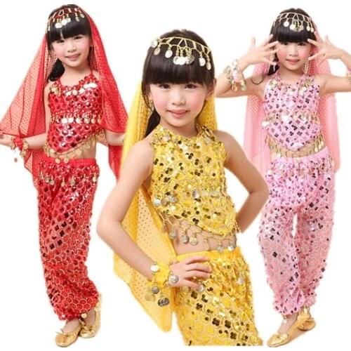 New Style Girls Kids Belly Dance Costume Sparkly Circle Sequin Coins Child Bellydance Top&Pants&Veil&Bracelet Set
