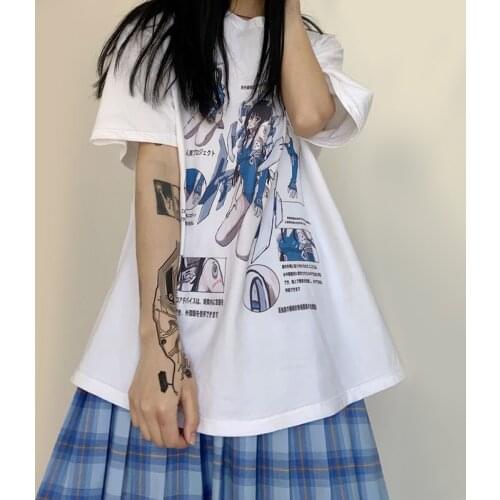 Summer Japanese Anime Mecha Warrior Girls Pattern Top Aesthetic Loose E-Girl Y2K Streetwear Cute Vintage Harajuku Gothic T-Shirt