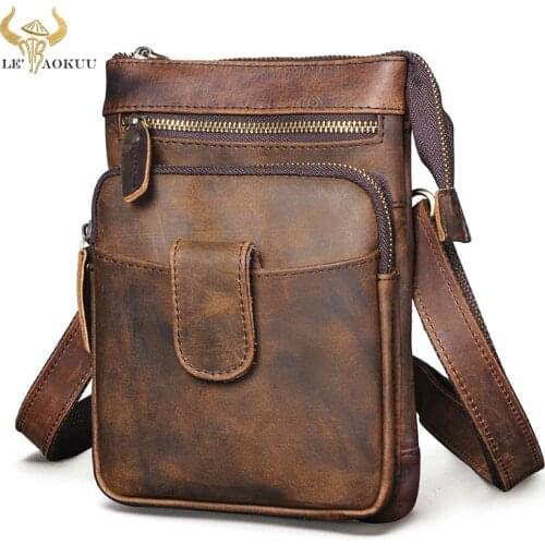 Crazy Horse Leather men Retro Mochila Crossbody Messenger Bag Designer Male Fanny Waist Belt Pack Cigarette Tablet Pouch 6549