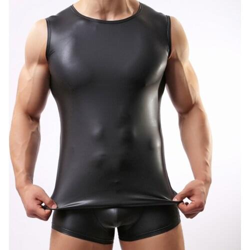 Men Elastic Paint Faux Leather Sexy Tight New Mens T-shirts Underwear Muscle Sleeveless Vest Shirt Tops