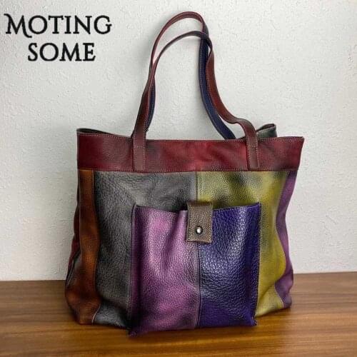 2021 New Genuine Leather Tote Bag Retro Style Brush Colorful Cowhide Leather Patchwork Handbag Female Vintage Roomy Shopper Bag