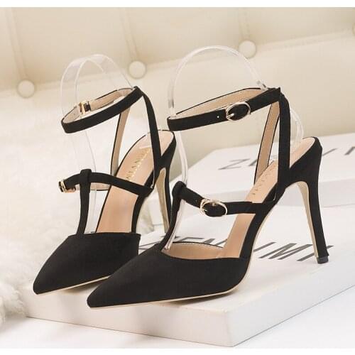 New Fashionable Simple Solid Color Stiletto High-heel Shallow Suede Pointed Toe Hollow Sandals Pumps Ladies Dress Party Shoes