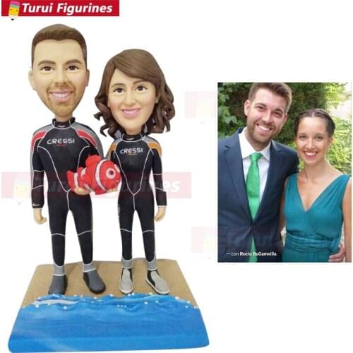 Couple diver bobblehead doll custimized diver figurine bobble head Goldfish sculptures statues Handmade goods