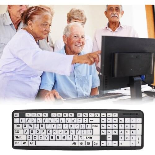 USB Wired Keyboard for Low Vision Users with Large White Keys Black Letters for Old Men