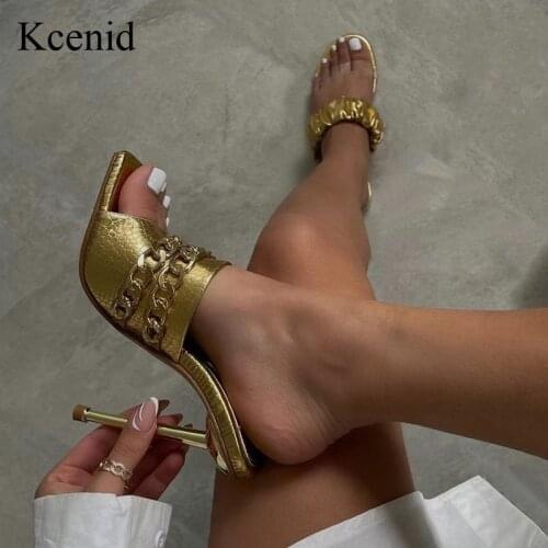 Kcenid Square Toe Metal Chain Womens Slippers Metal High Heels Sandals Summer Slides Gold White Sexy Ladies Shoes Big Size 42