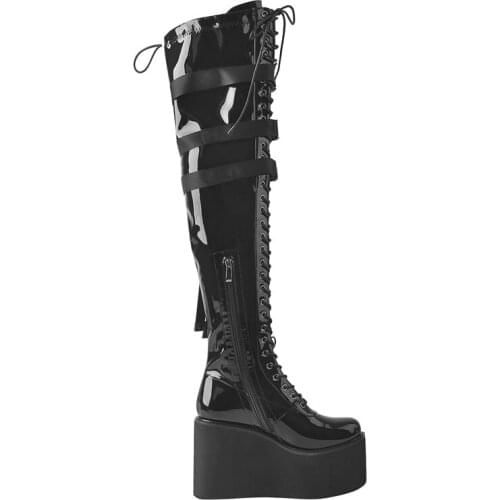 Richealnana Platform Boots Round Toe Over The Knee Shoes Wedges Lace-up Martin Boots Patent Leather Zipper Belt Buckle Big Size
