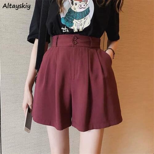 Shorts Women Purple Kawaii Girls Students Sweet Pure Color Simple All-match Korean Style Folds High Waist Causal Pockets Newest