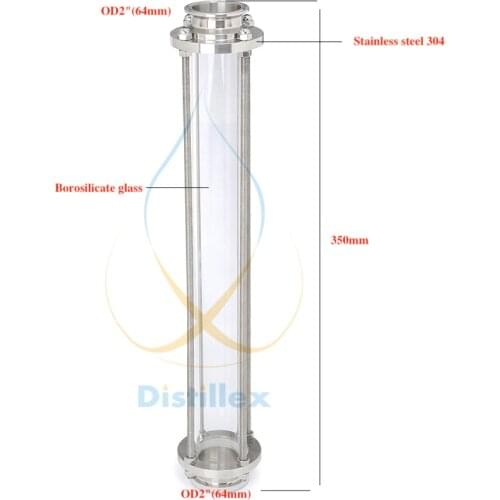 2" OD 64mm Glass Spool Pipe L=350mm (14"). Long Diopter, Sight Glass Tower