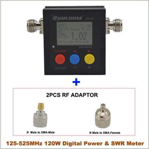 SURECOM SW-102 125-525MHz VHF/UHF 120W Digital N(SL16) VSWR Power & SWR Meter with 2pcs RF Adaptor