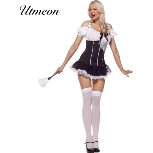 UTMEON Black White Embellishment Bow Front Cosplay Maid Suit Halloween Lolita Fancy Dirndl For Servant Women