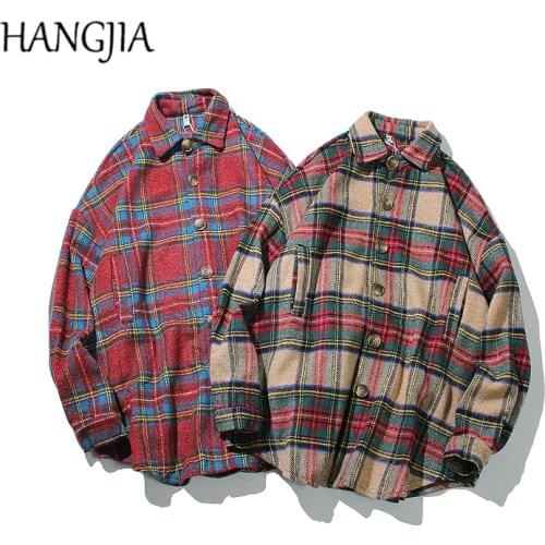 Vintage Plaid Woolen Shirt Jacket Men Women Hip Hop Lattice Jackets Coats Autumn and Winter Warm Outwear Oversized Shirts