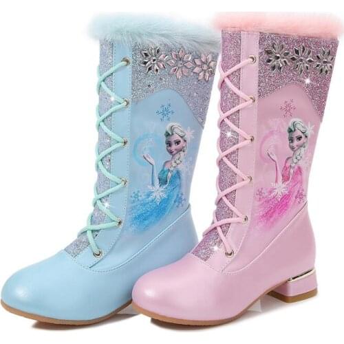 Disney Baby Girls High Boots Frozen Elsa Princess Shoes For Girls Warm Plush Snow Boots Pu Leather Rhinestone Long Boots Pink