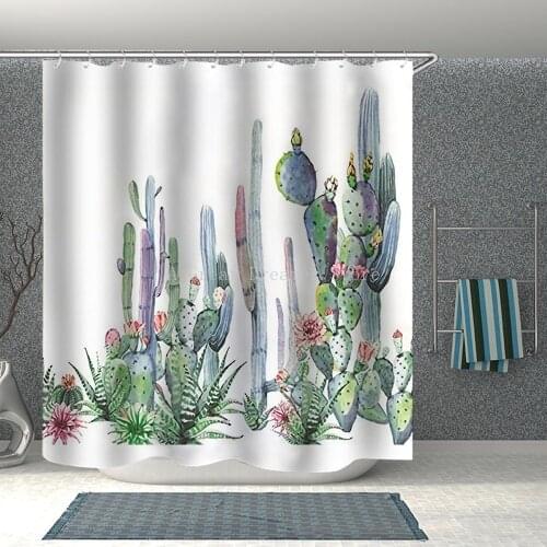 Shower Curtain Green Botanical Cactus Plant Cacti Flower Houseplant Cartoon Cute Desert Doodle Drawn Decorative Bathroom